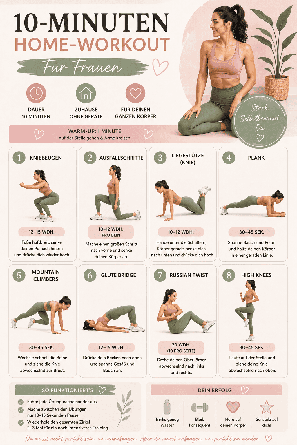Kurzes 10-Minuten-Workout für Frauen mit Übungen wie Kniebeugen und Plank.