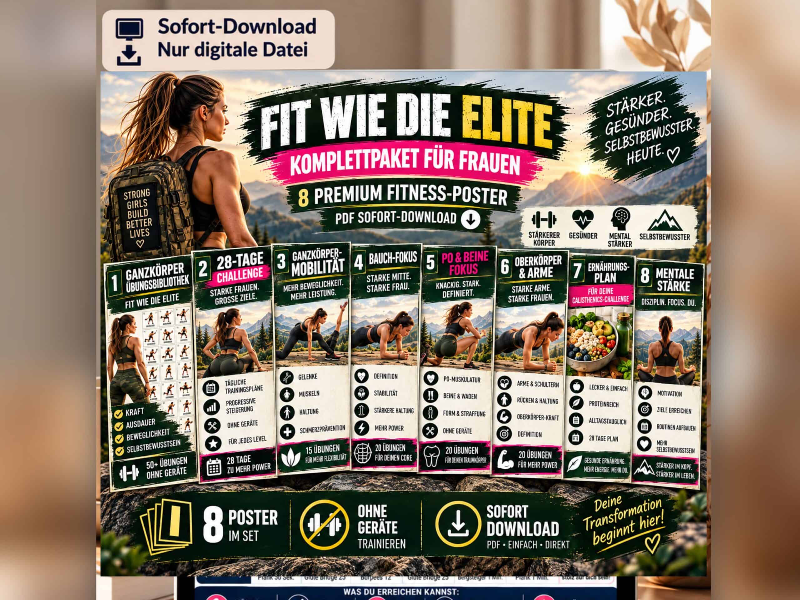 Fitness-Poster für Frauen mit 8 Trainingsplänen und Tipps für mehr Selbstbewusstsein.