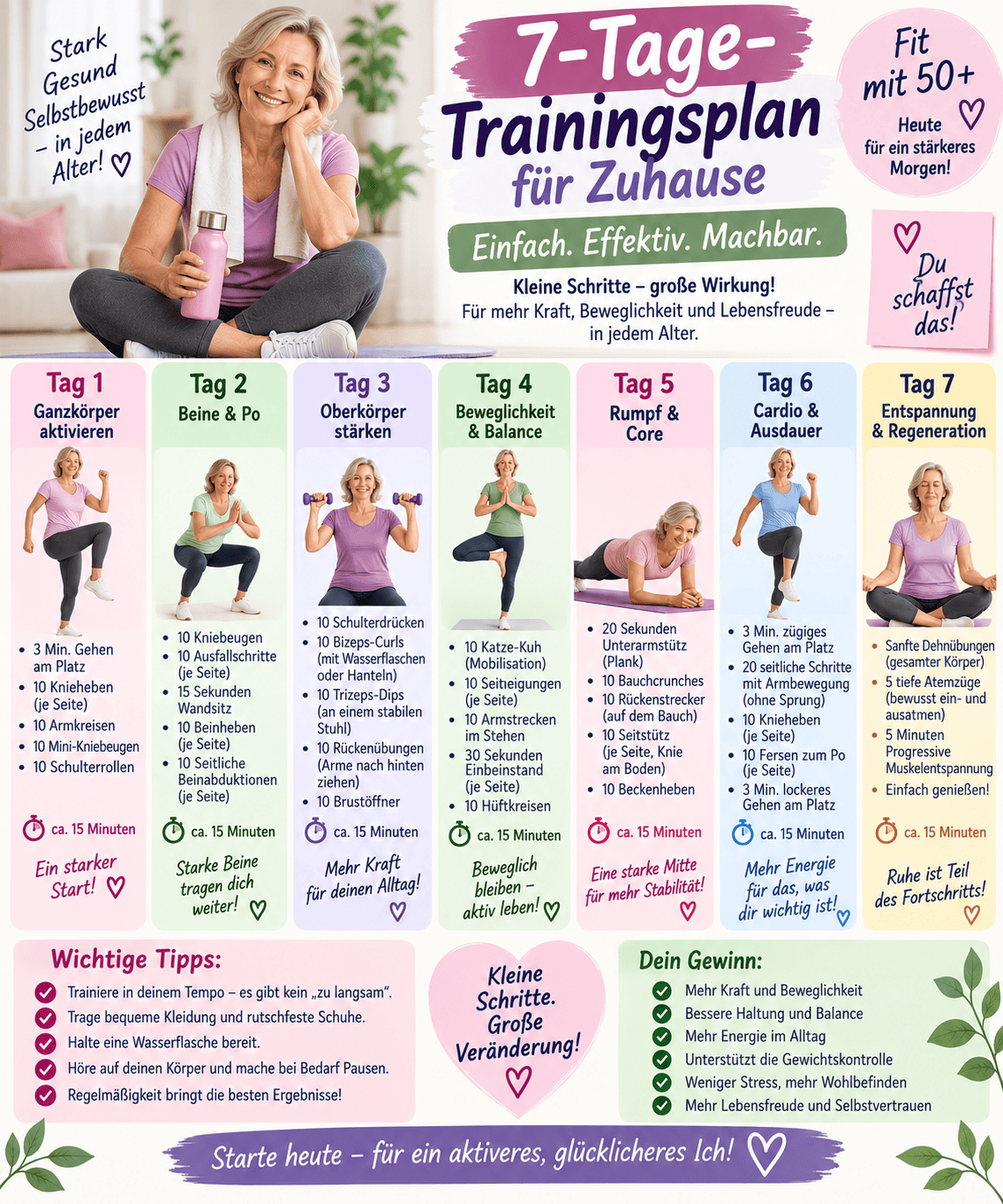 7-Tage-Trainingsplan für Zuhause – fit mit 50+ in 15 Minuten täglich