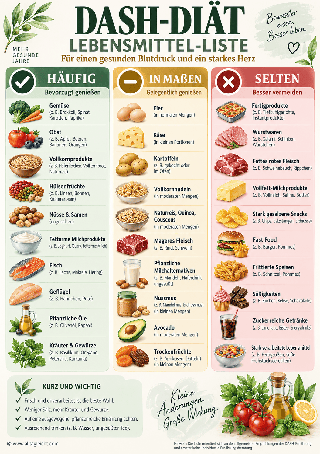 Lebensmittel-Liste für gesunde Ernährung und Herzstärkung.