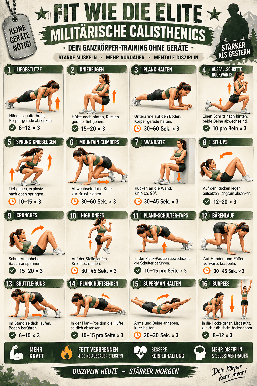 Militärische Calisthenics-Übungen für Kraft und Flexibilität.