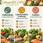 Lebensmittel-Liste für Gallensteine, Ernährung und Fettabbau, mit frischem Gemüse und Fisch.