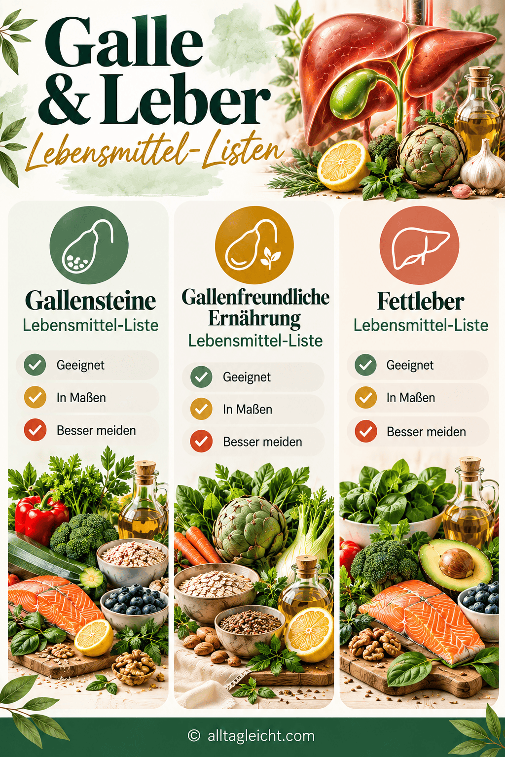 Galle & Leber – Lebensmittel-Listen bei Beschwerden – Übersicht auf alltagleicht.com