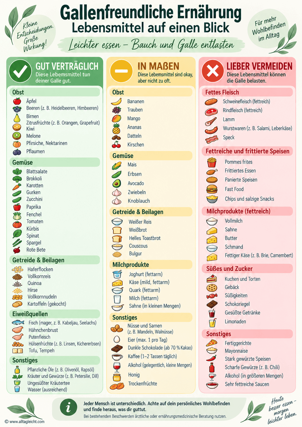 Gallenfreundliche Ernährung Lebensmittel-Liste – bei Gallenbeschwerden und nach Gallen-OP – alltagleicht.com