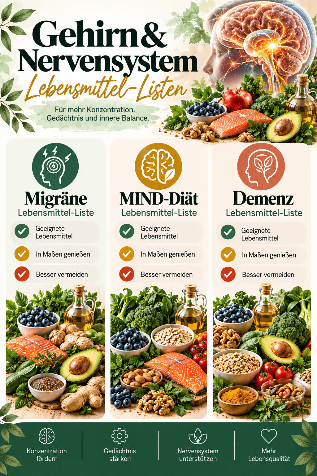 Gesunde Lebensmittel für Gehirn und Nervensystem, Fokus auf Ernährung und geistige Gesundheit.