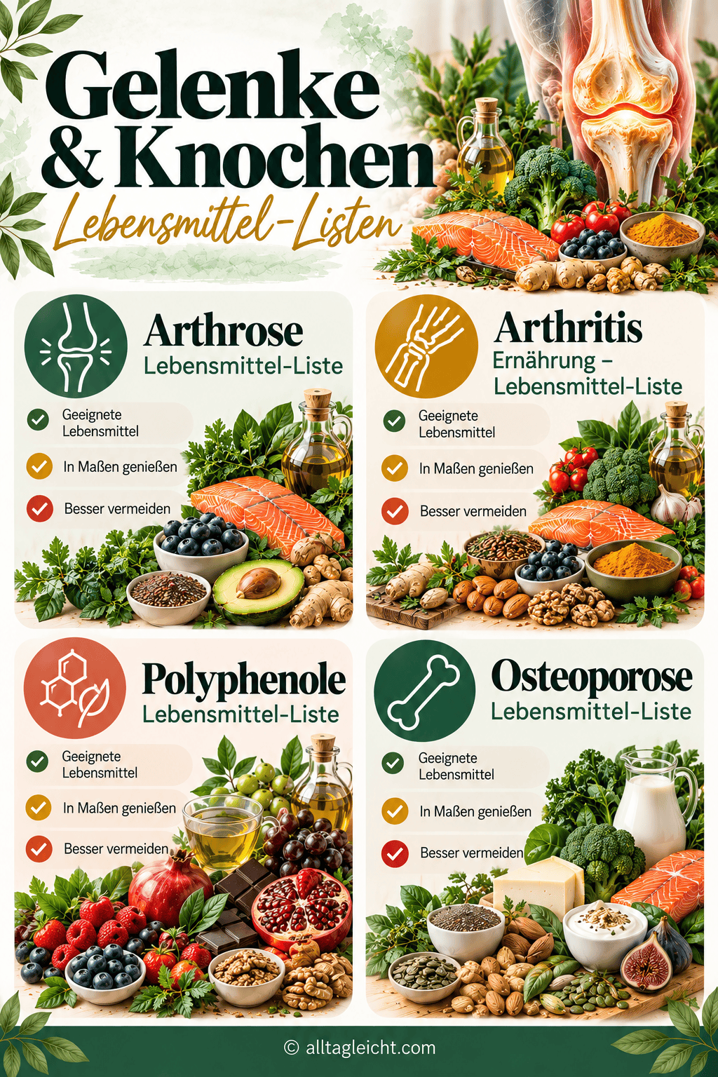 Gelenke & Knochen – Lebensmittel-Listen bei Beschwerden – alltagleicht.com