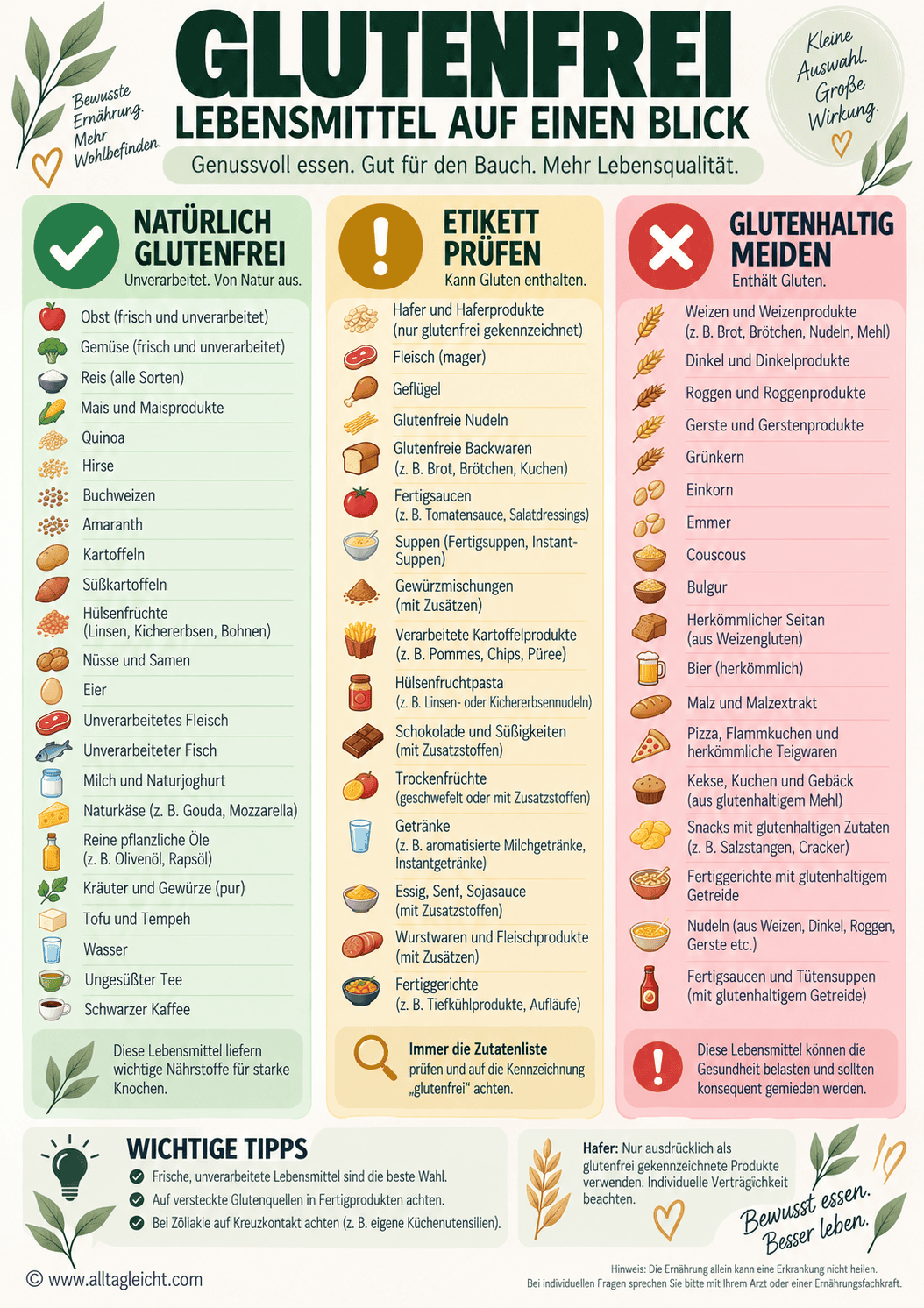 Lebensmittel ohne Gluten, mit Tipps zur sicheren Ernährung und Kennzeichnung.