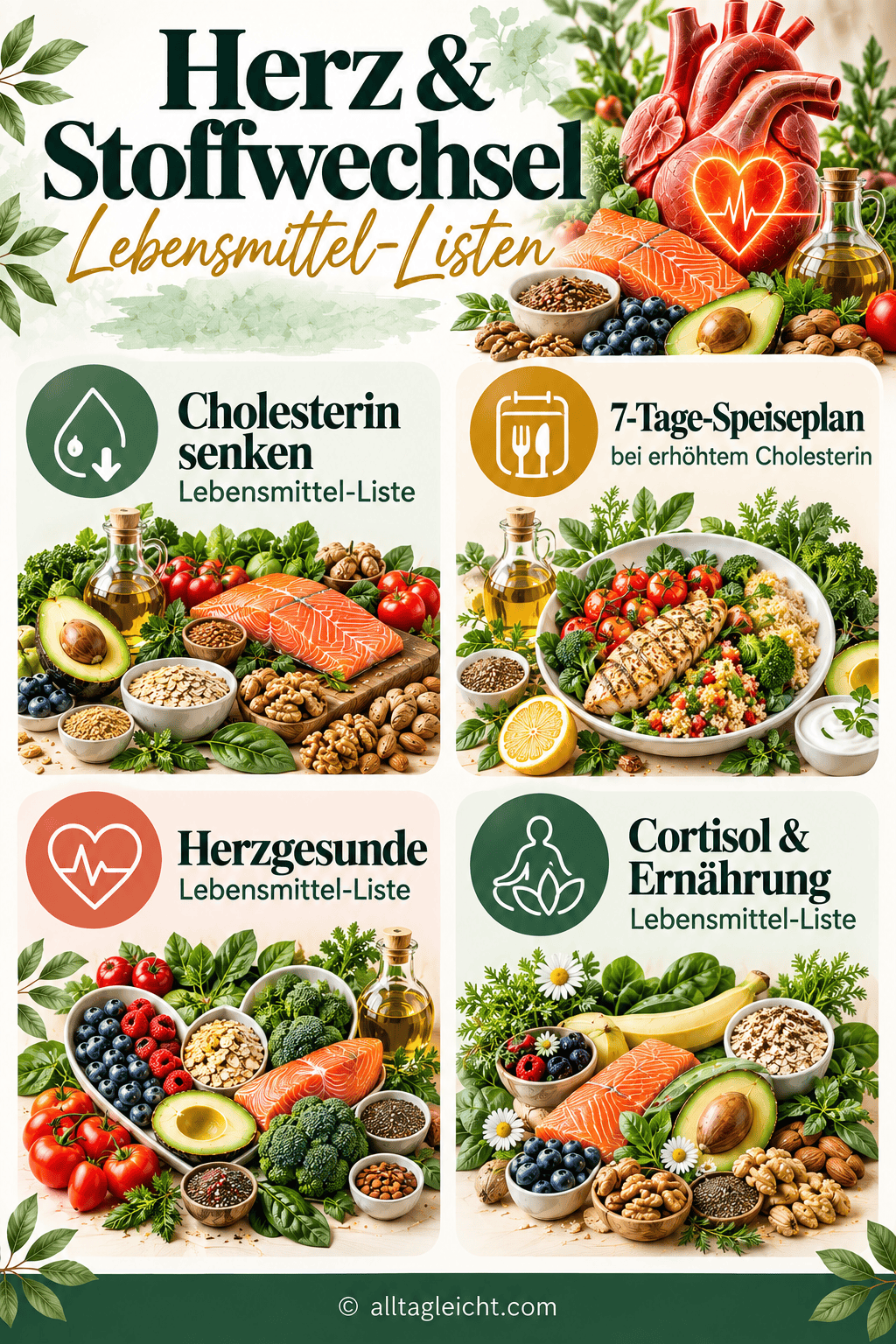 Herz und Stoffwechsel: Lebensmittel für Cholesterin, Herzgesundheit, Cortisol und Ernährung.