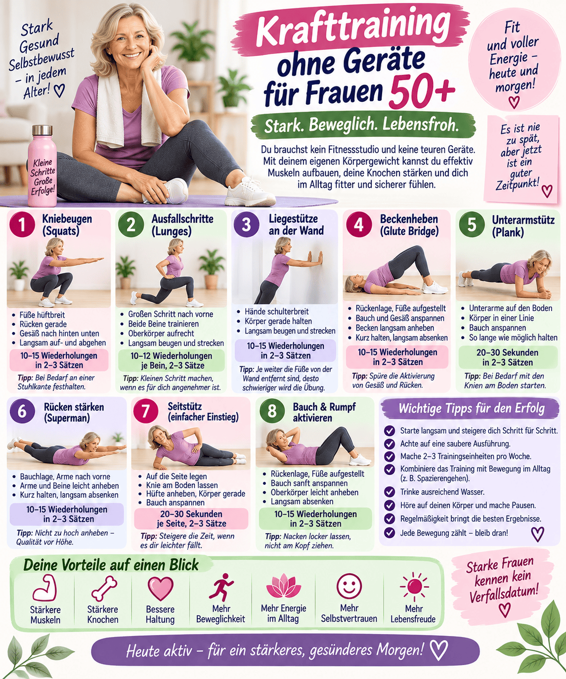 Krafttraining ohne Geräte für Frauen 50+ – 8 Übungen zuhause
