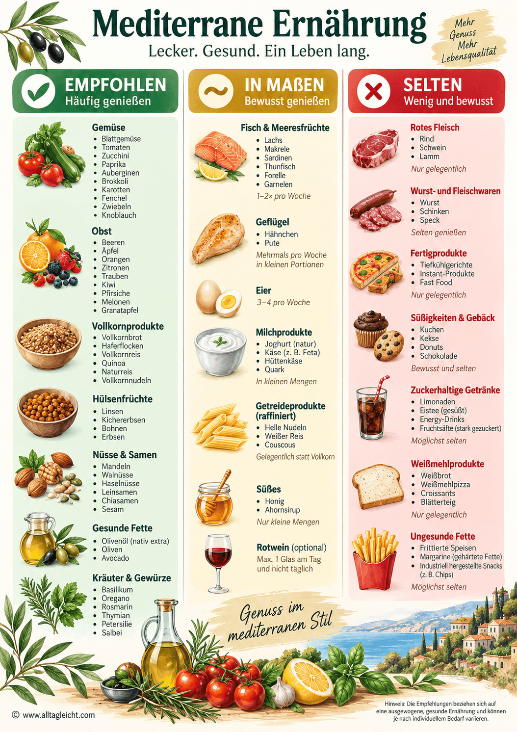 Mediterrane Ernährung mit empfohlenen, in Maßen konsumierten Lebensmitteln.
