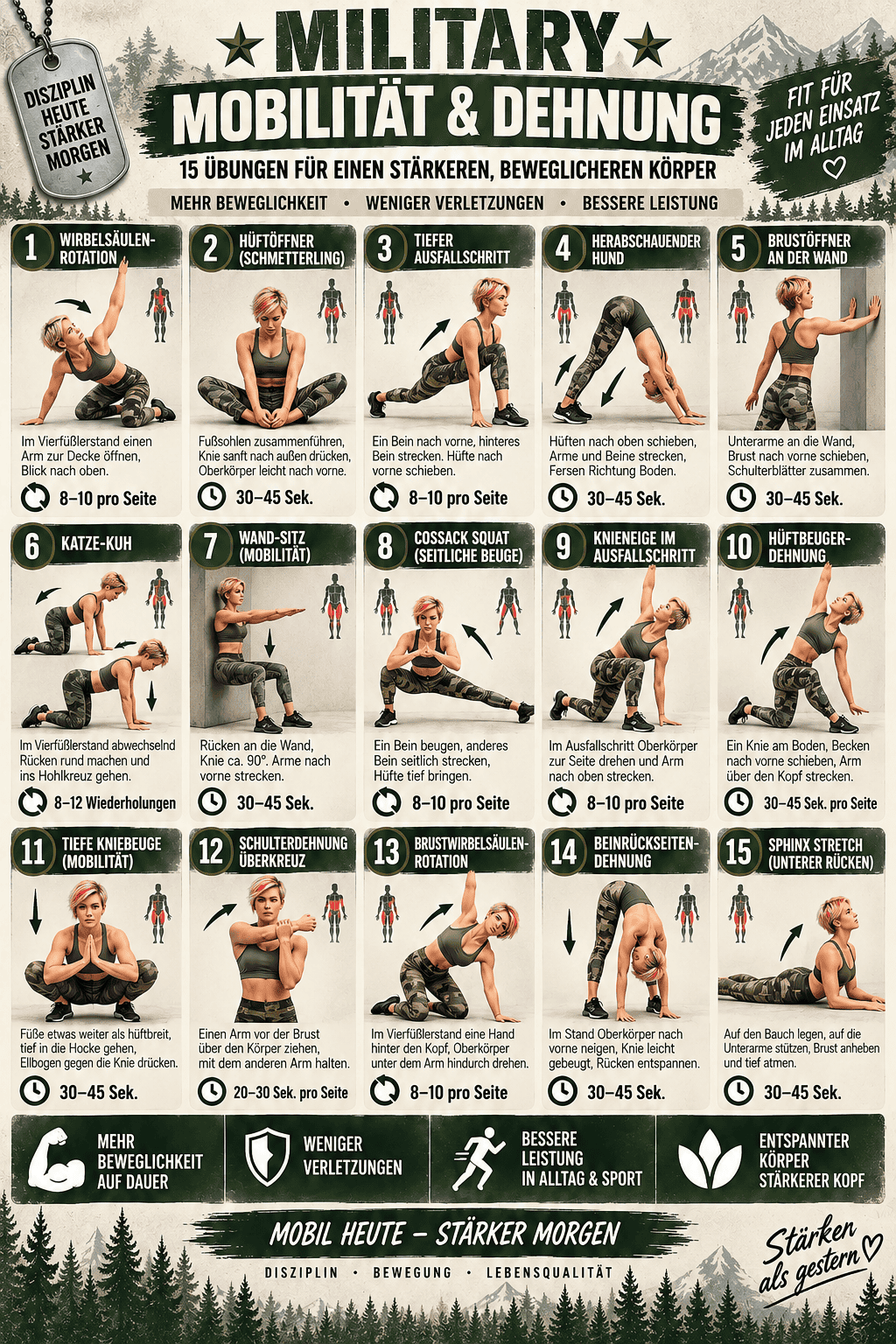 Military Mobilität und Dehnung - 15 Übungen für Frauen, militärischer Trainingsplan