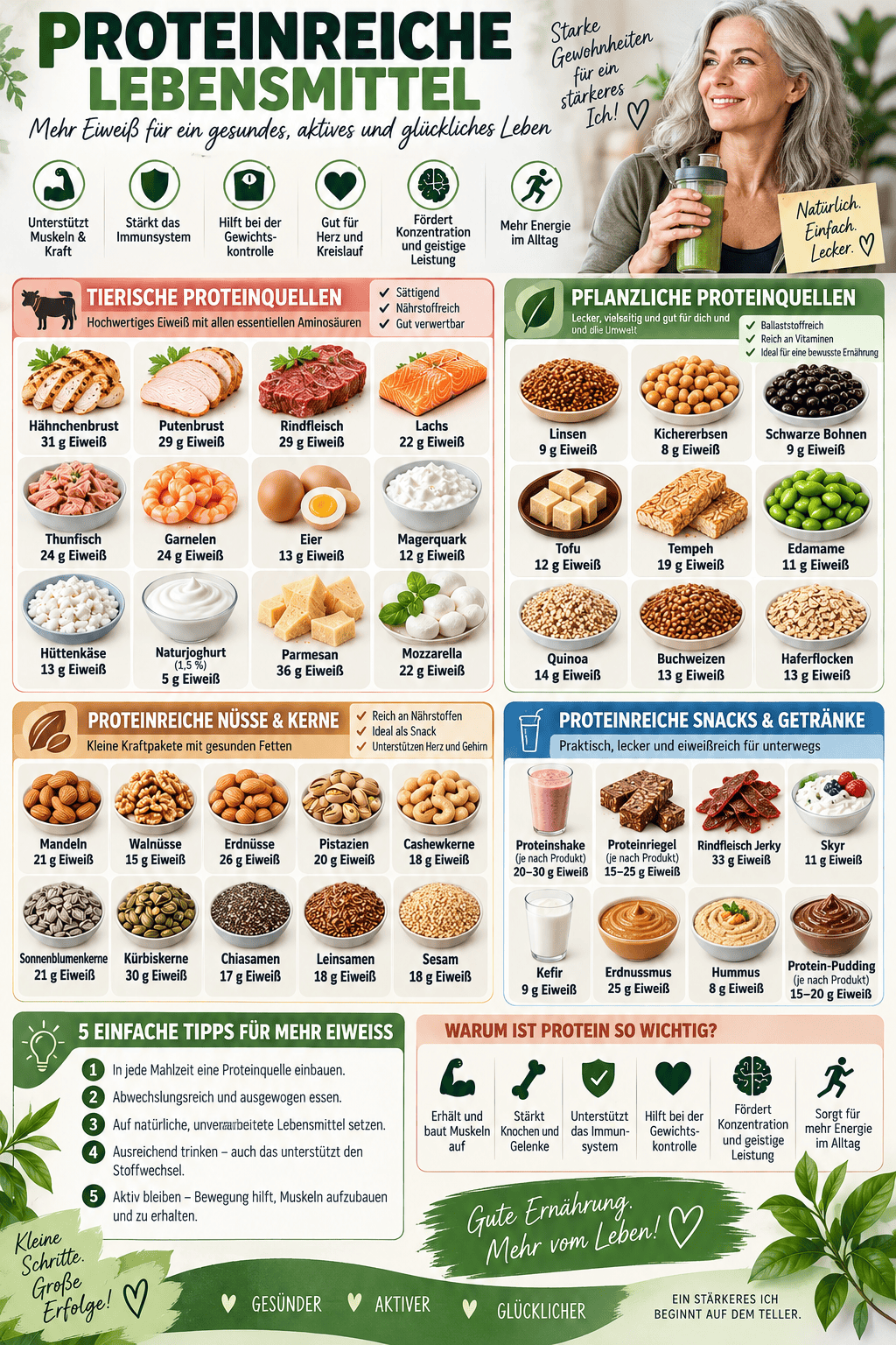 Verschiedene proteinreiche Lebensmittel und Tipps für eine gesunde Ernährung.