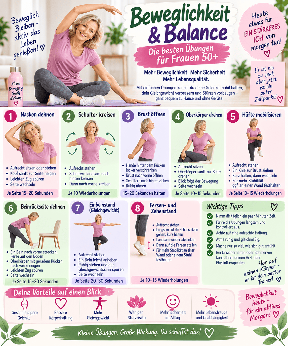 Beweglichkeit und Balance für Frauen 50+ – 8 Übungen zuhause