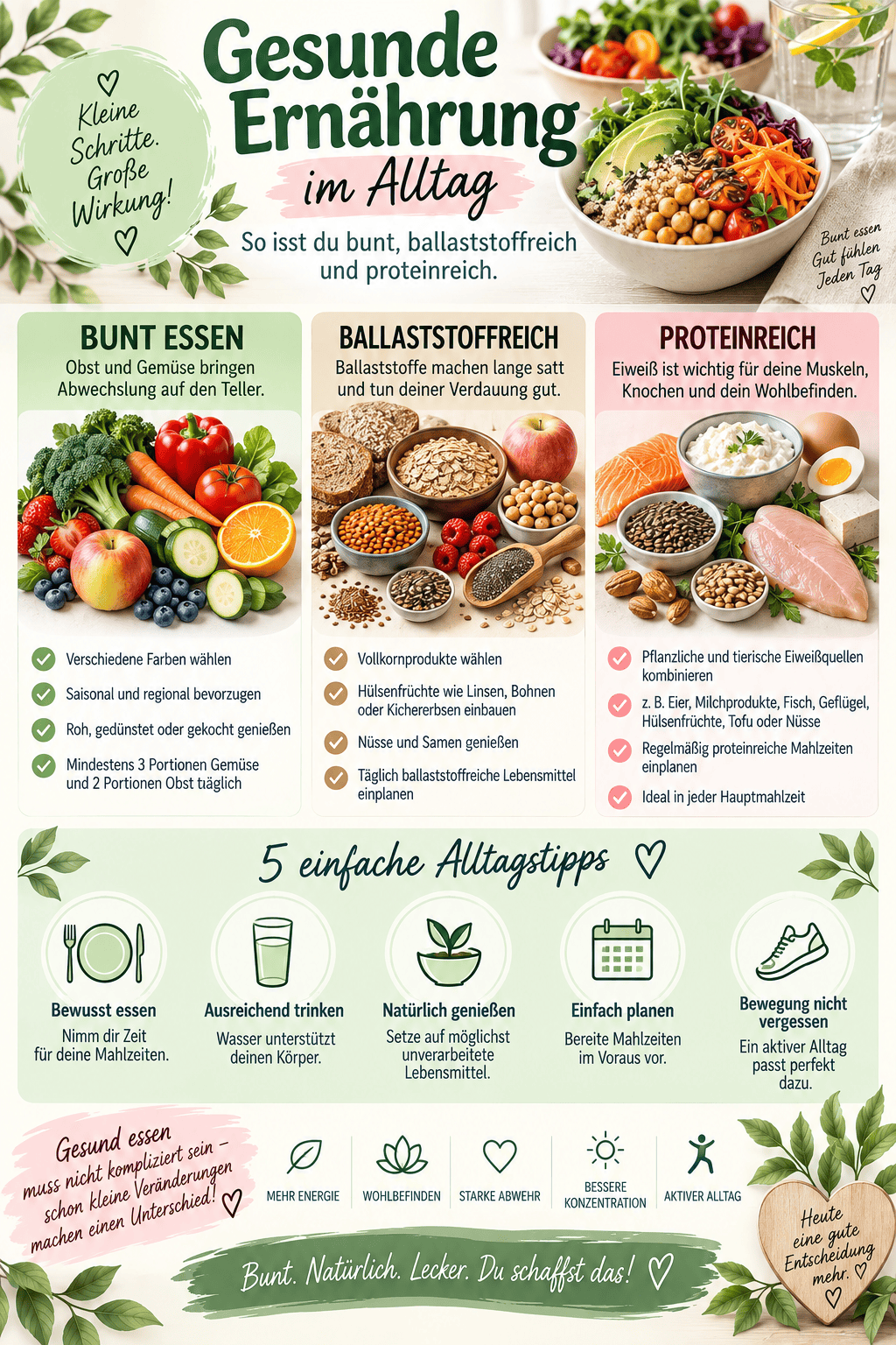 Gesunde Ernährung im Alltag - Übersicht bunt, ballaststoffreich, proteinreich