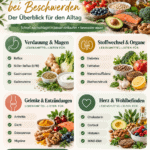 Lebensmittel-Listen bei Beschwerden mit frischem Gemüse und Obst.