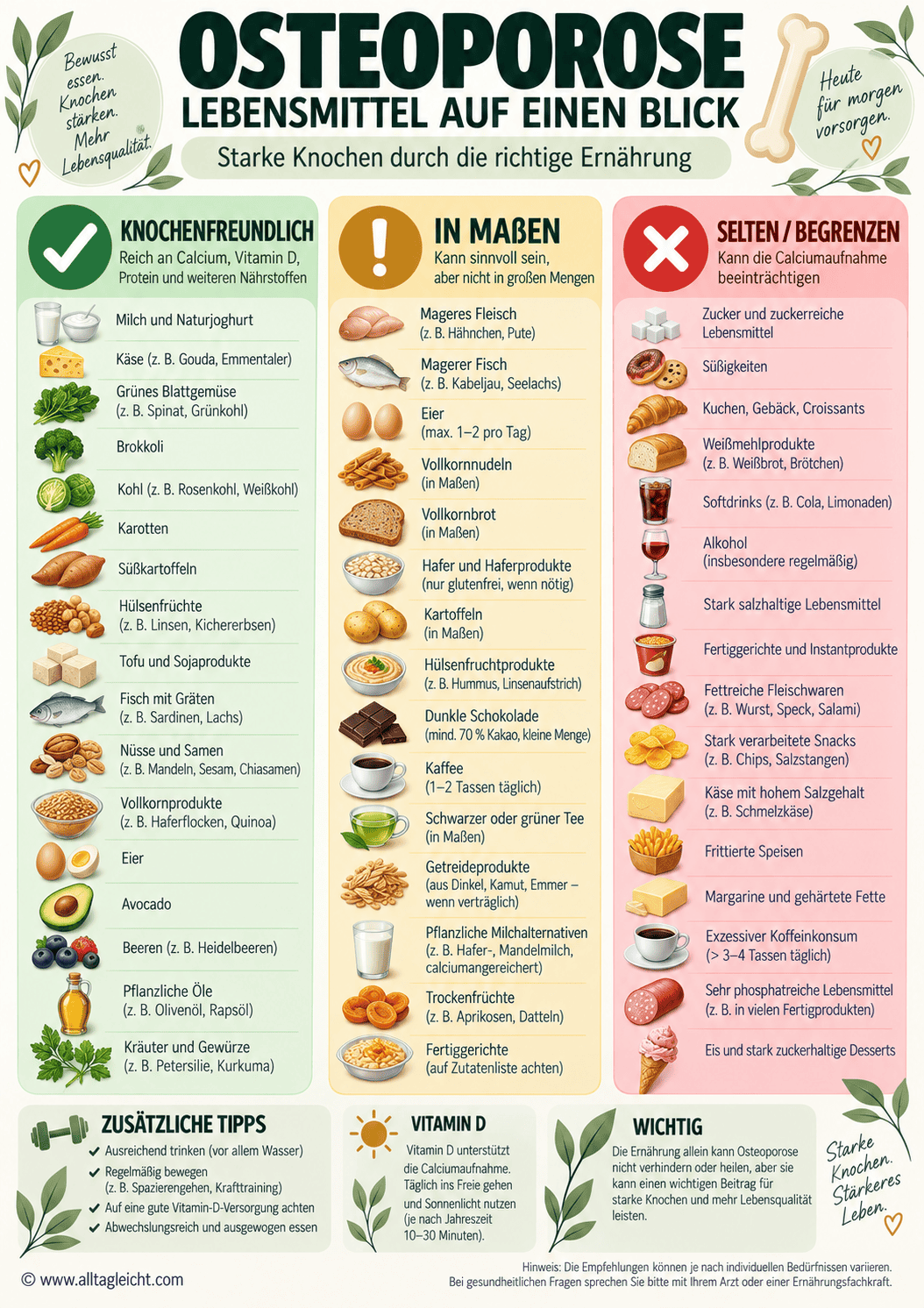 Lebensmittel für starke Knochen und gesunde Ernährung.