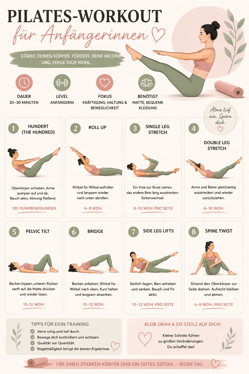 Pilates-Workout für Anfängerinnen mit 8 Übungen, einfache Anleitungen, für einen starken Körper.