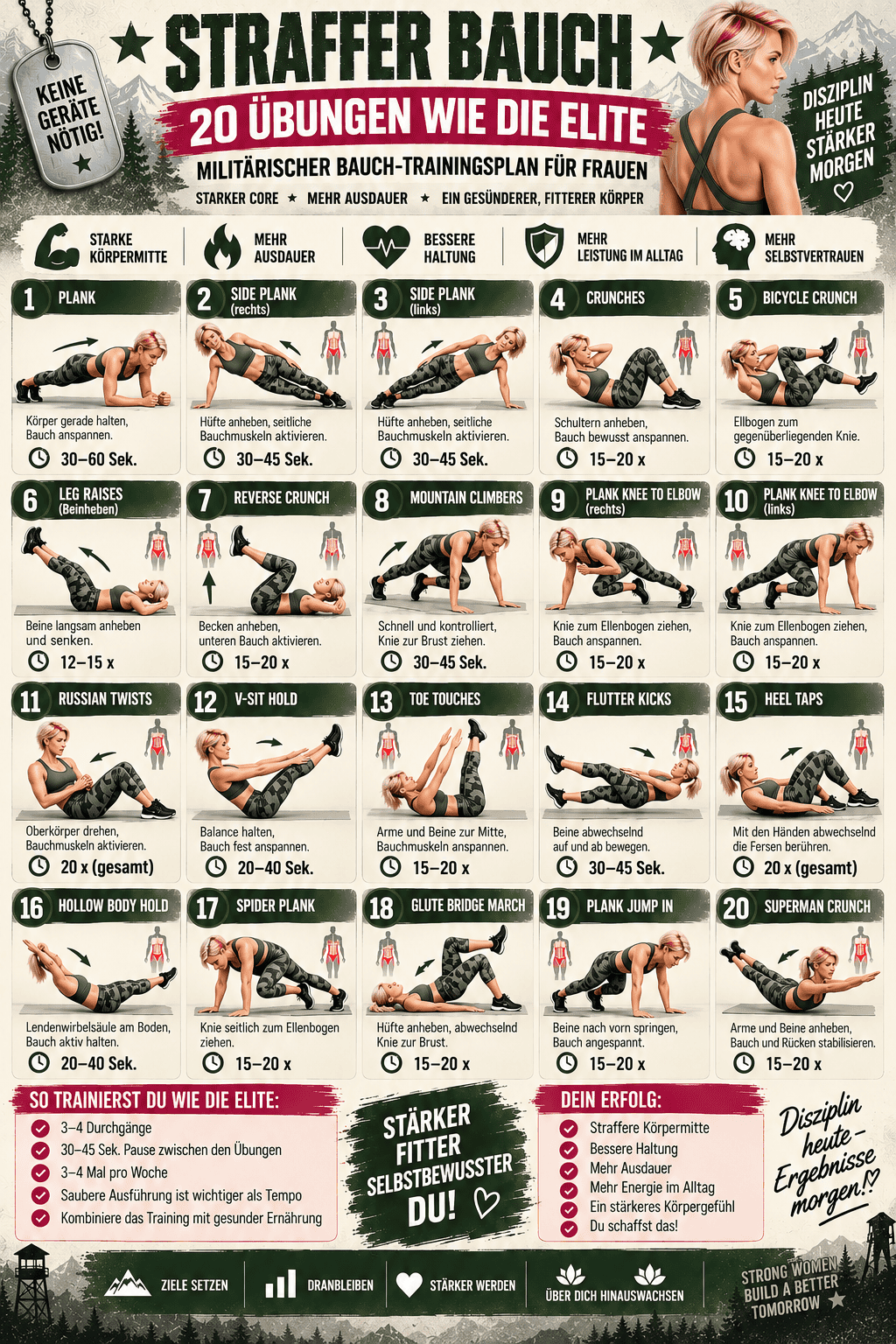 Straffer Bauch - 20 Übungen wie die Elite, militärischer Bauch-Trainingsplan für Frauen ohne Geräte