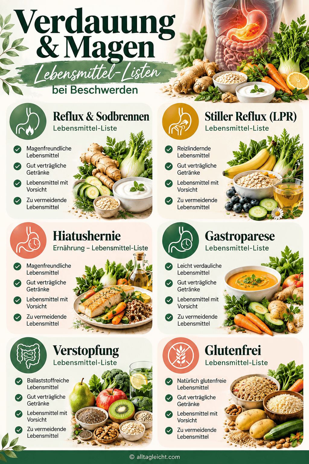 Verdauung & Magen – Lebensmittel-Listen bei Beschwerden – Übersicht auf alltagleicht.com