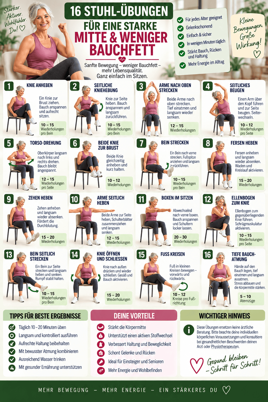Bauchfett reduzieren am Stuhl – 16 Bauchübungen im Sitzen für Frauen als A3-Poster