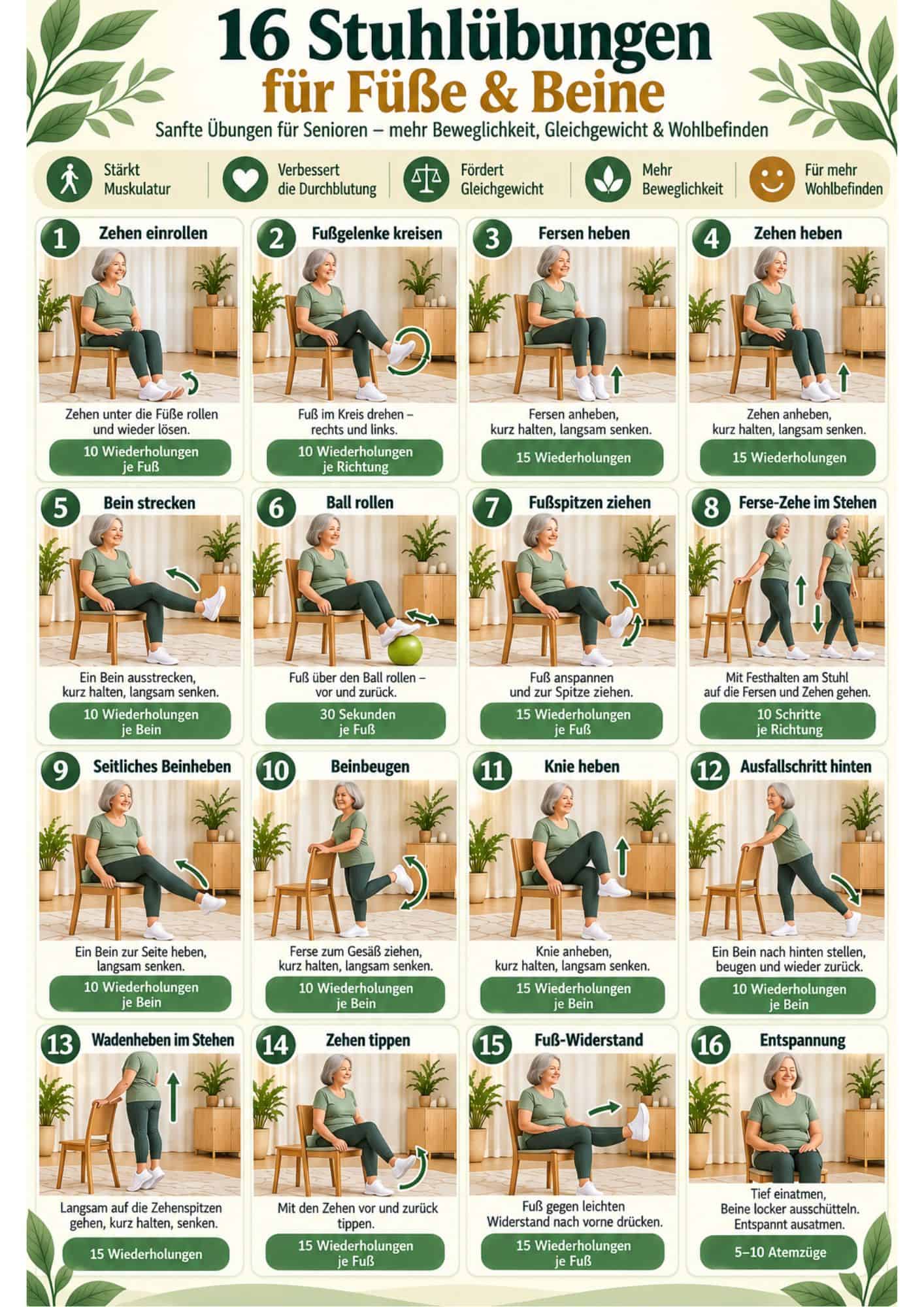 Fuß- und Bein-Übungen am Stuhl – 16 sanfte Übungen für Senioren als A3-Poster