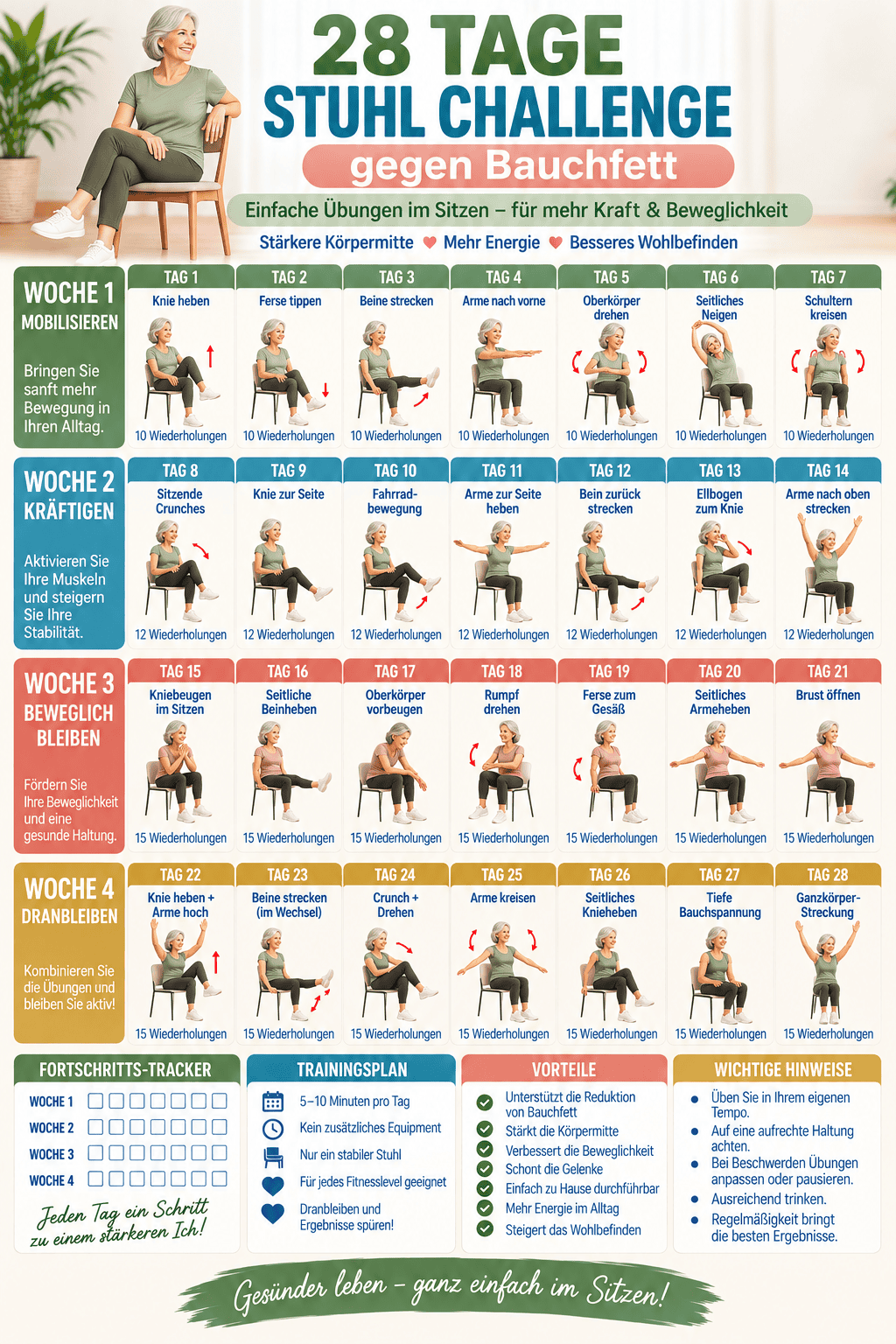 28-Tage Stuhl-Challenge für Senioren – kompletter Trainingsplan als A3-Poster