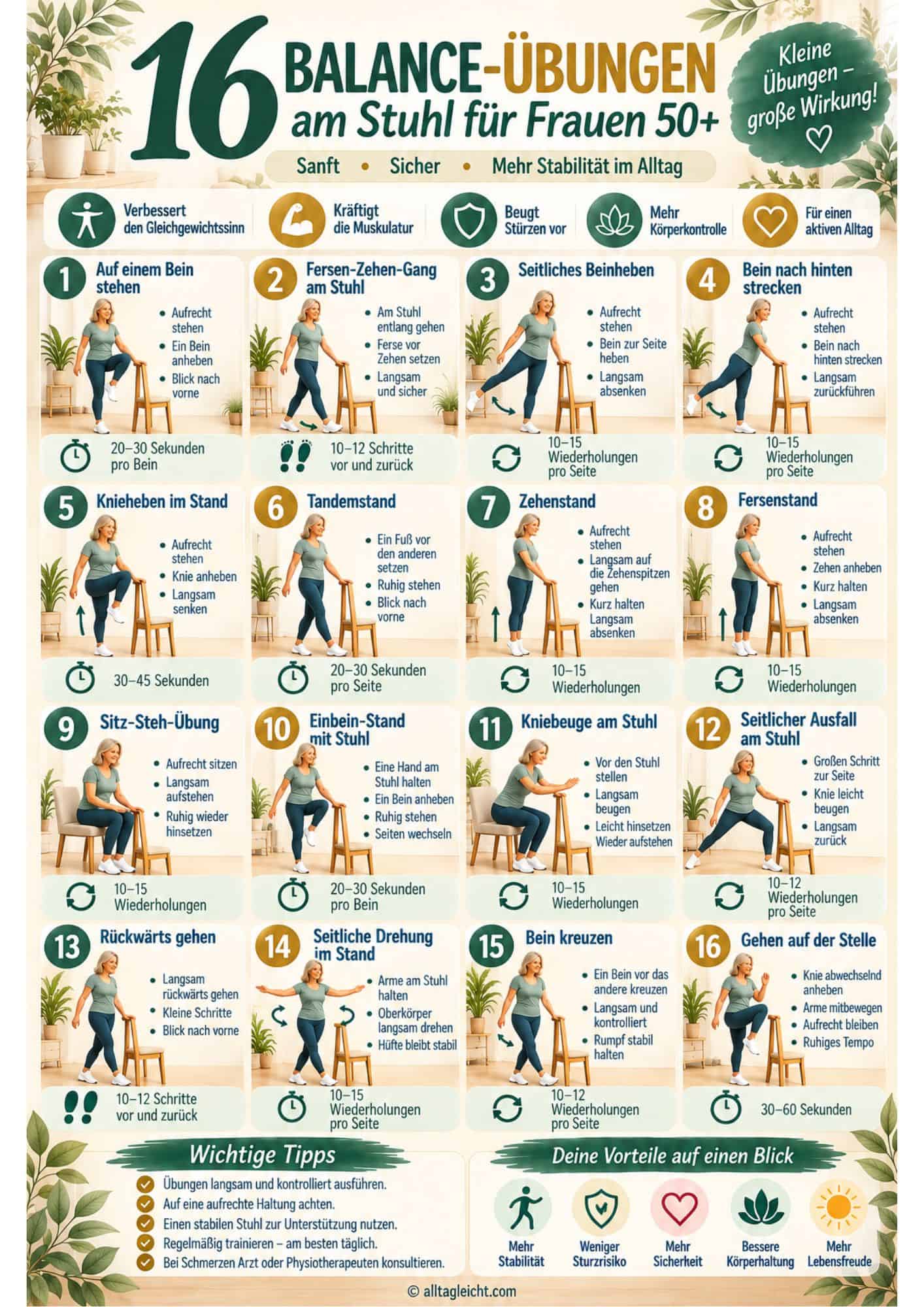 Balance-Übungen am Stuhl – 16 sanfte Übungen zur Sturzprävention für Senioren als A3-Poster