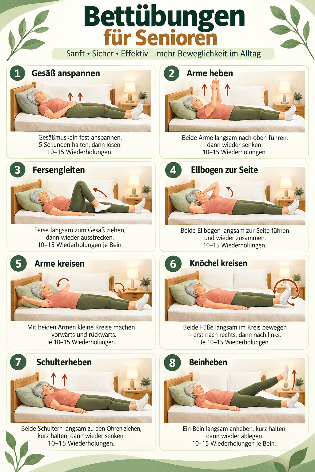 Bett-Übungen für Senioren sanft und sicher – 10 Übungen im Liegen als A3-Poster