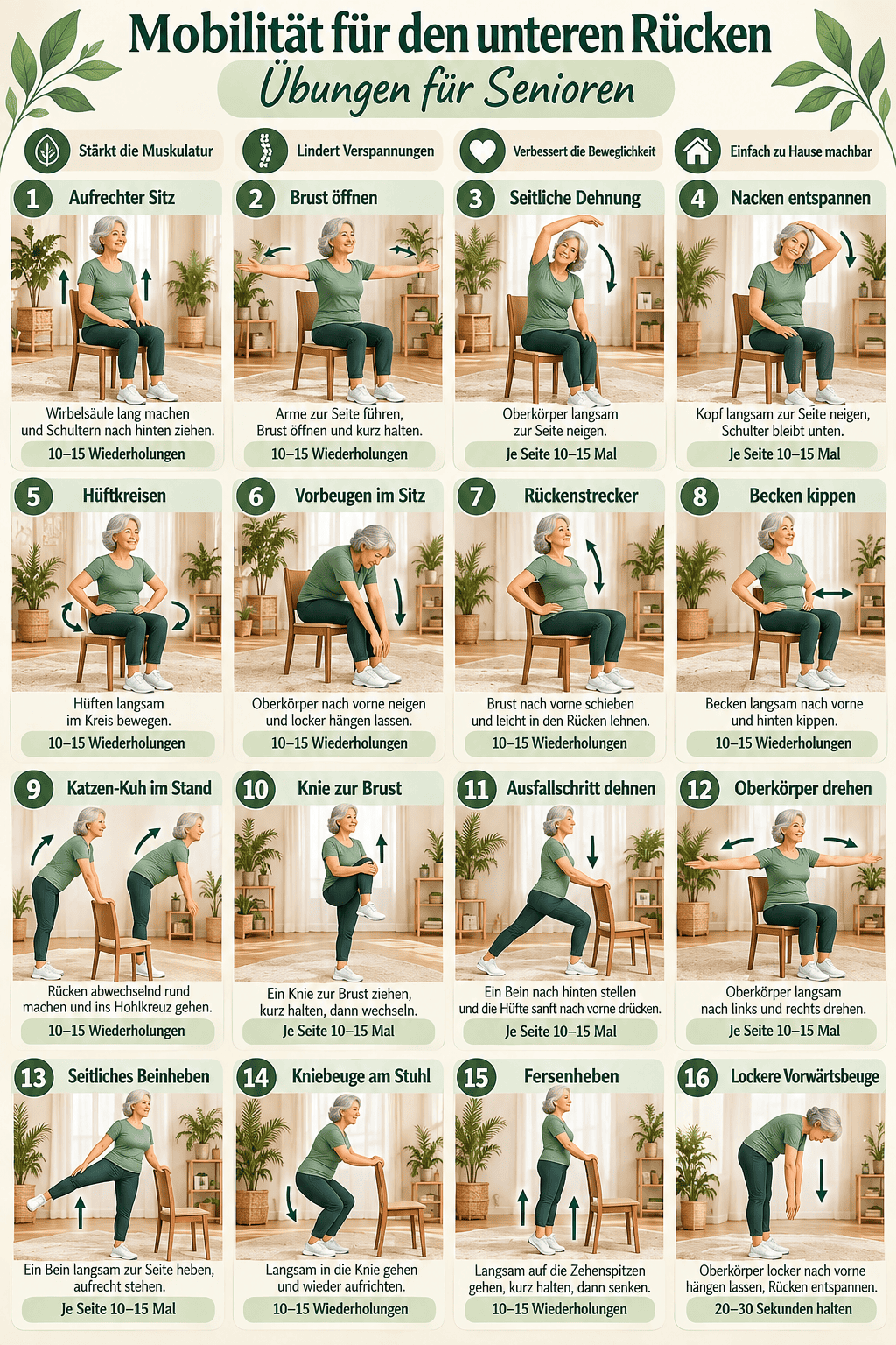 Mobilität für den unteren Rücken am Stuhl – 10 sanfte Übungen für Senioren als A3-Poster