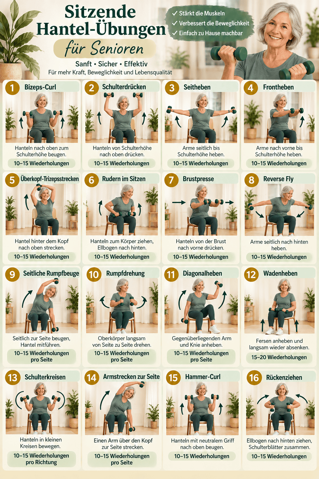 Sitzende Hantelübungen für Senioren – 10 sanfte Übungen mit leichten Gewichten als A3-Poster